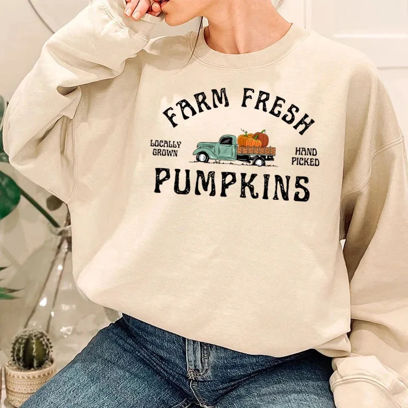 Fashion Fall Pumpkin Sweatshirt Farm Fresh Pumpkins Sweatshirts For Women Autumn Winter Crew Neck Pullovers Ladies Casual Tops