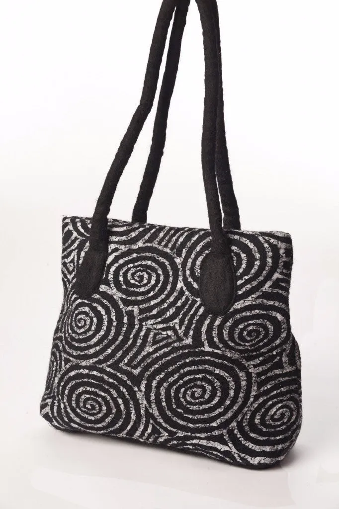 Felted Wool/Cotton Pop Art Tote Shoulder Bag - Black Swirls One-of-a-Kind