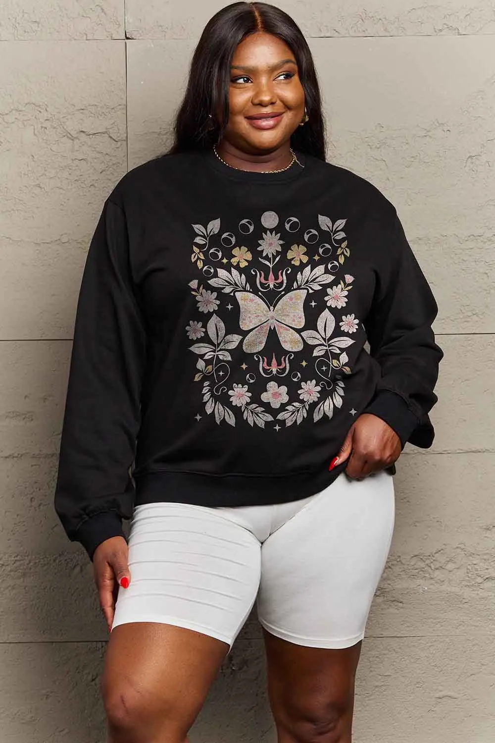 Flower and Butterfly Graphic Sweatshirt