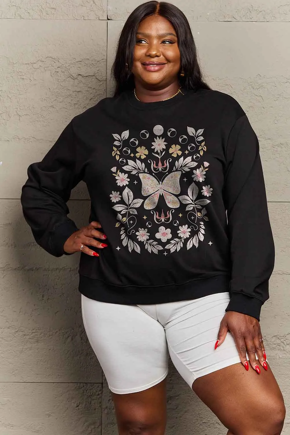 Flower and Butterfly Graphic Sweatshirt