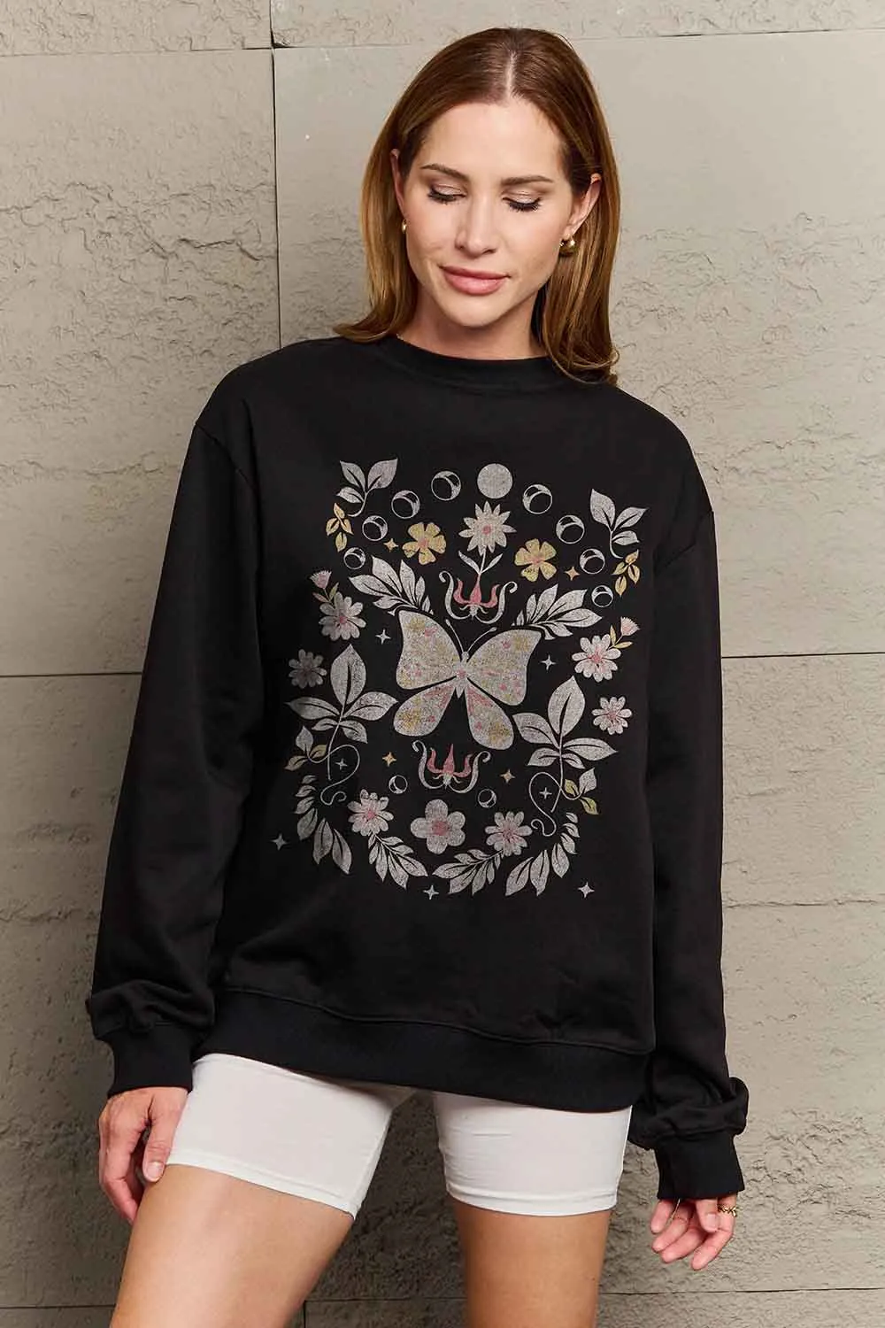 Flower and Butterfly Graphic Sweatshirt