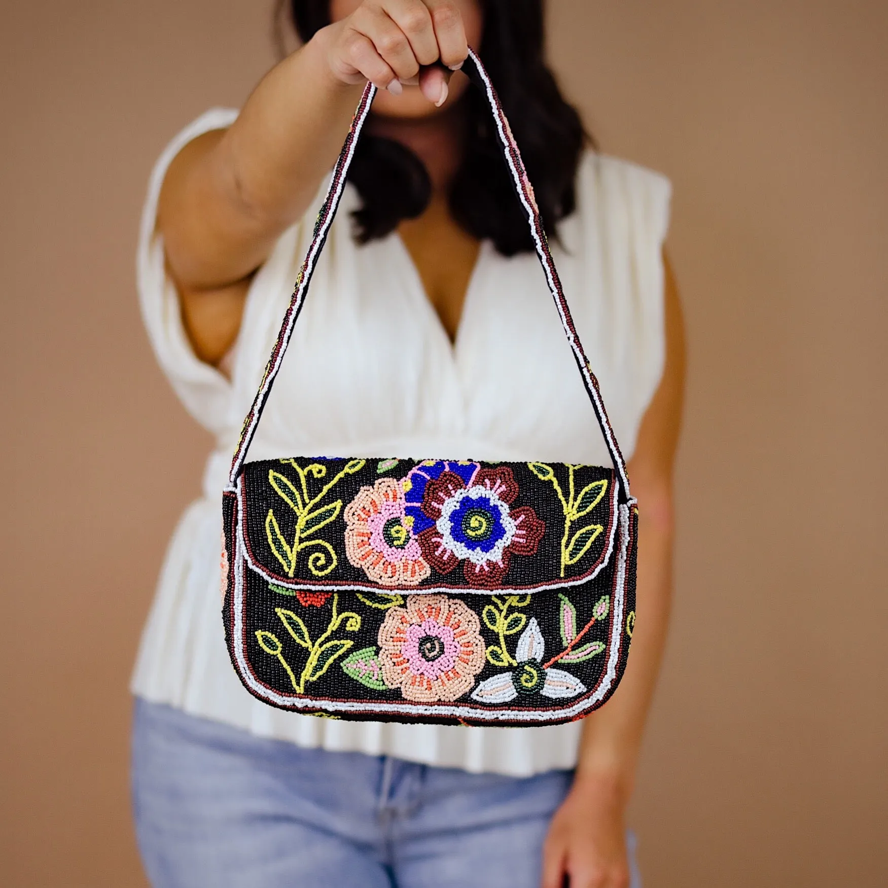 Flower Beaded Shoulder Bag