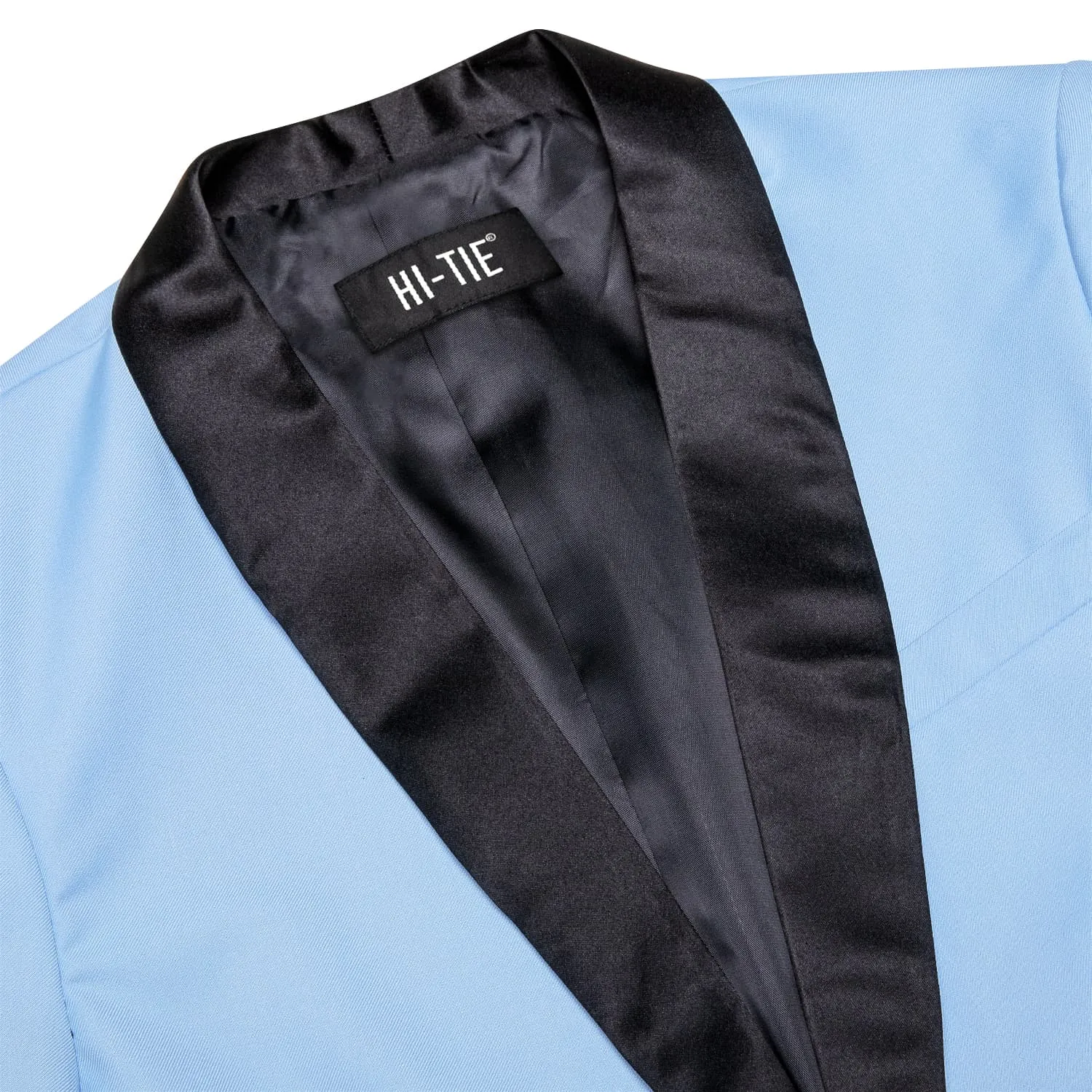 Hi-Tie Black Shawl Collar Sky Blue Solid Blazer Bowtie Suit Set