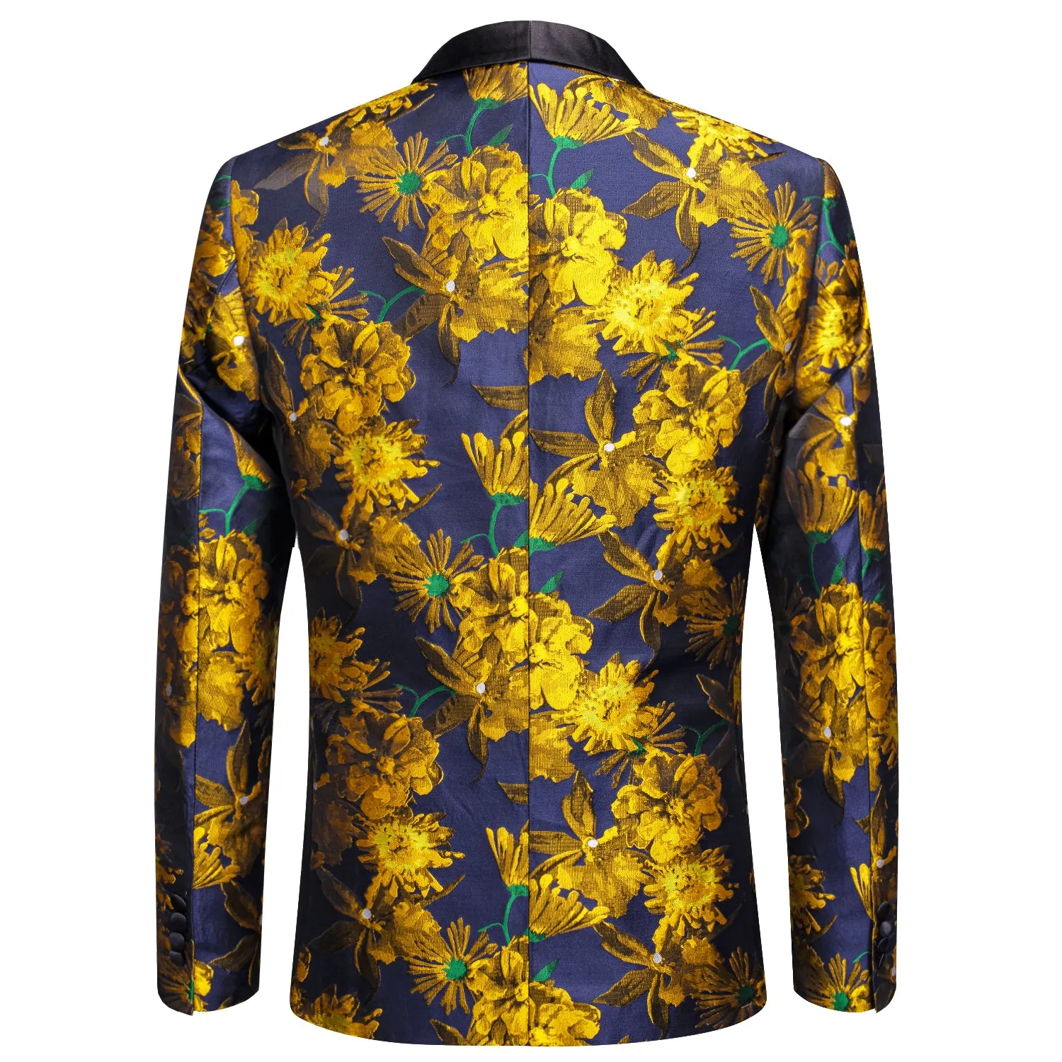 Hi-Tie Luxury Golden Champagne Floral Men's Black Shawl Lapel Suit