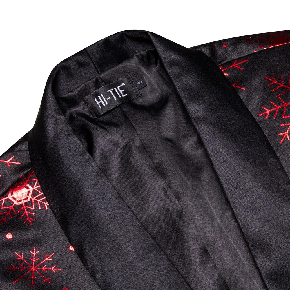 Hi-Tie Mens Silk Suit Black Red Snow Christmas Festival Suit for Men