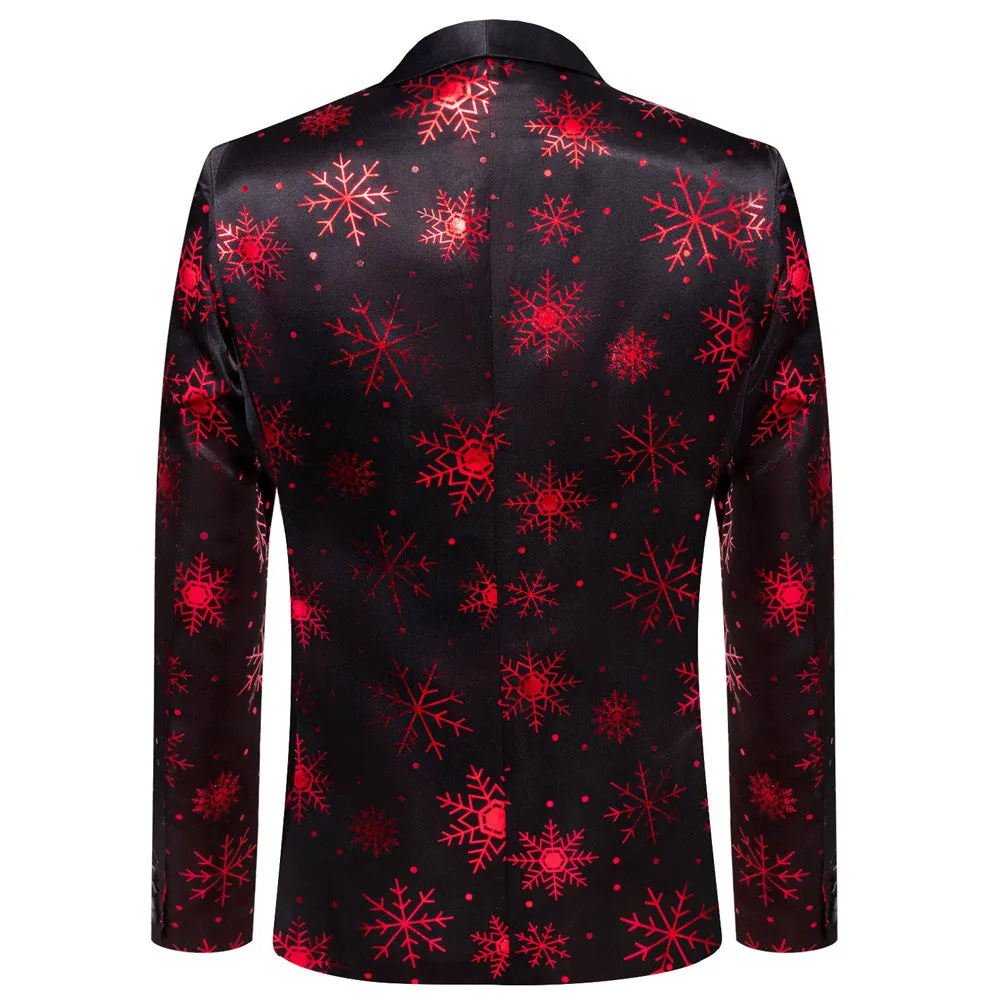 Hi-Tie Mens Silk Suit Black Red Snow Christmas Festival Suit for Men