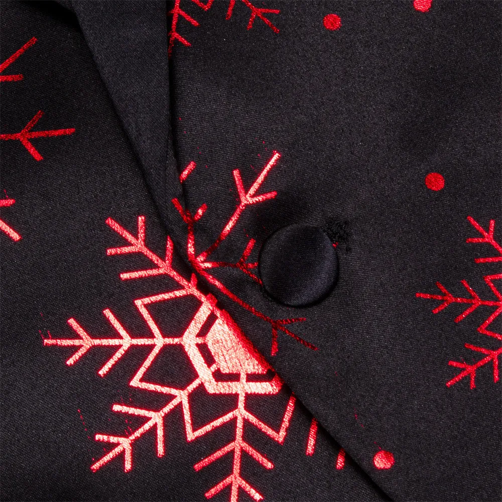 Hi-Tie Mens Silk Suit Black Red Snow Christmas Festival Suit for Men