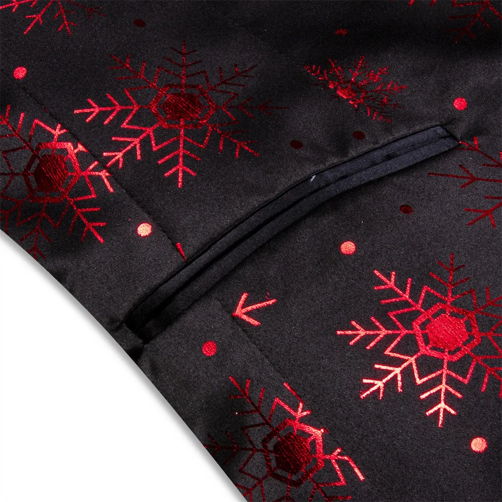 Hi-Tie Mens Silk Suit Black Red Snow Christmas Festival Suit for Men