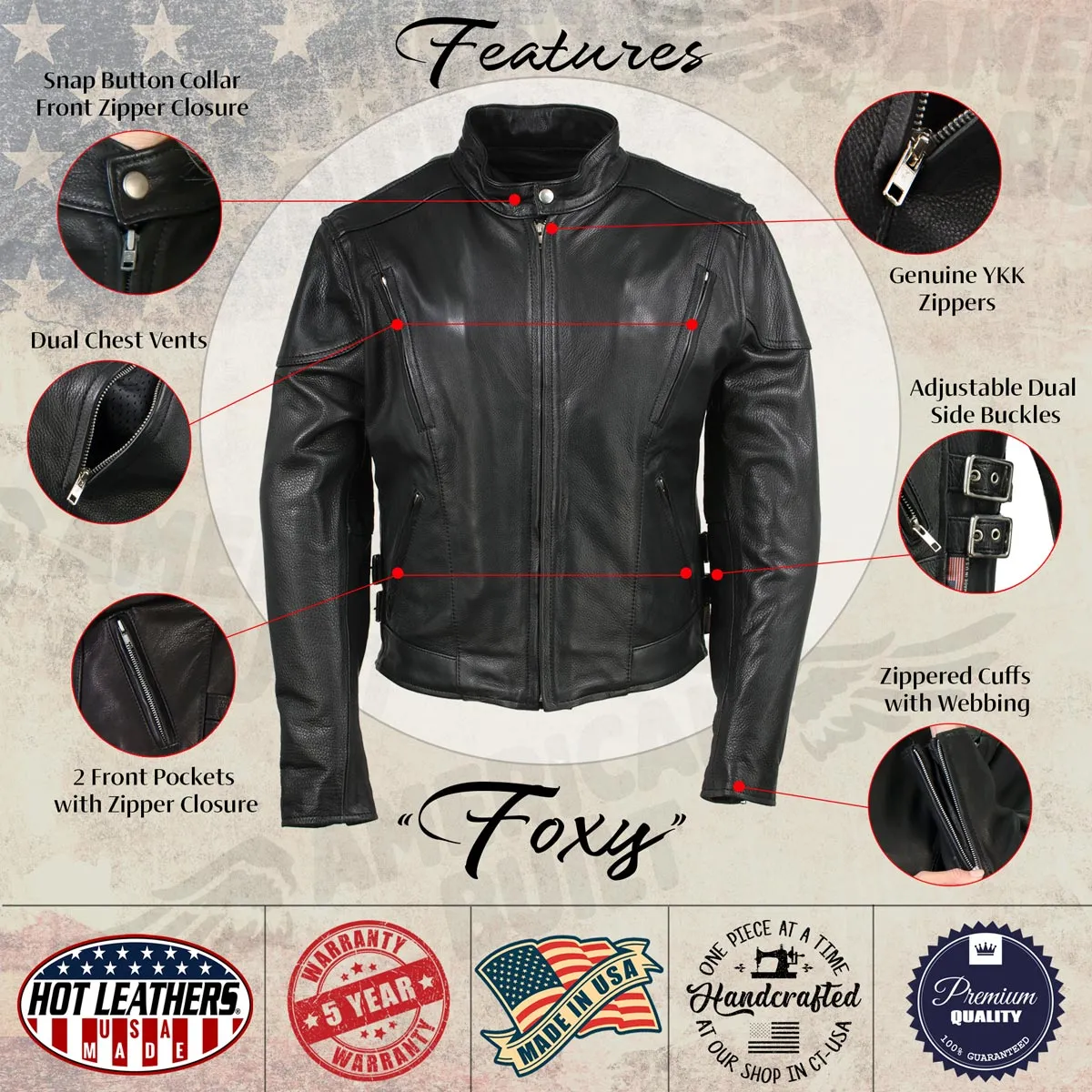 Hot Leathers JKL5001 USA Made Women's 'Foxy' Black Premium Leather Jacket with Vents