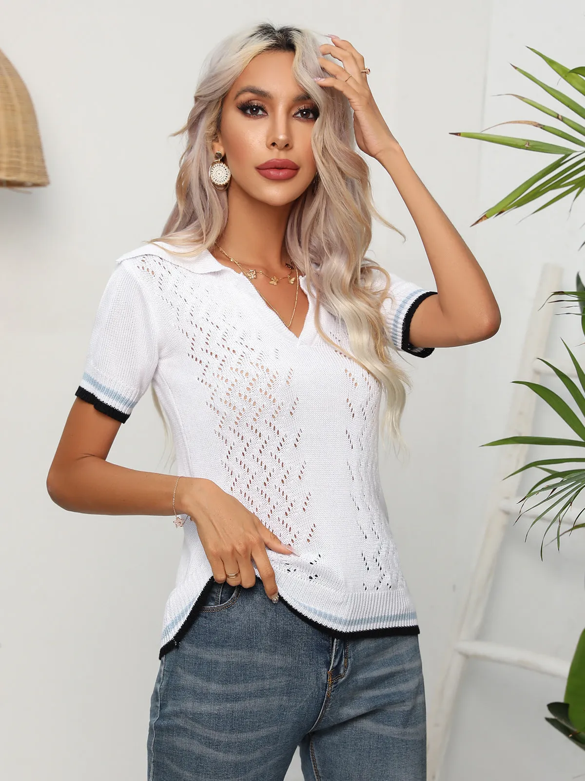 Johnny Collar Openwork Short Sleeve Knit Top