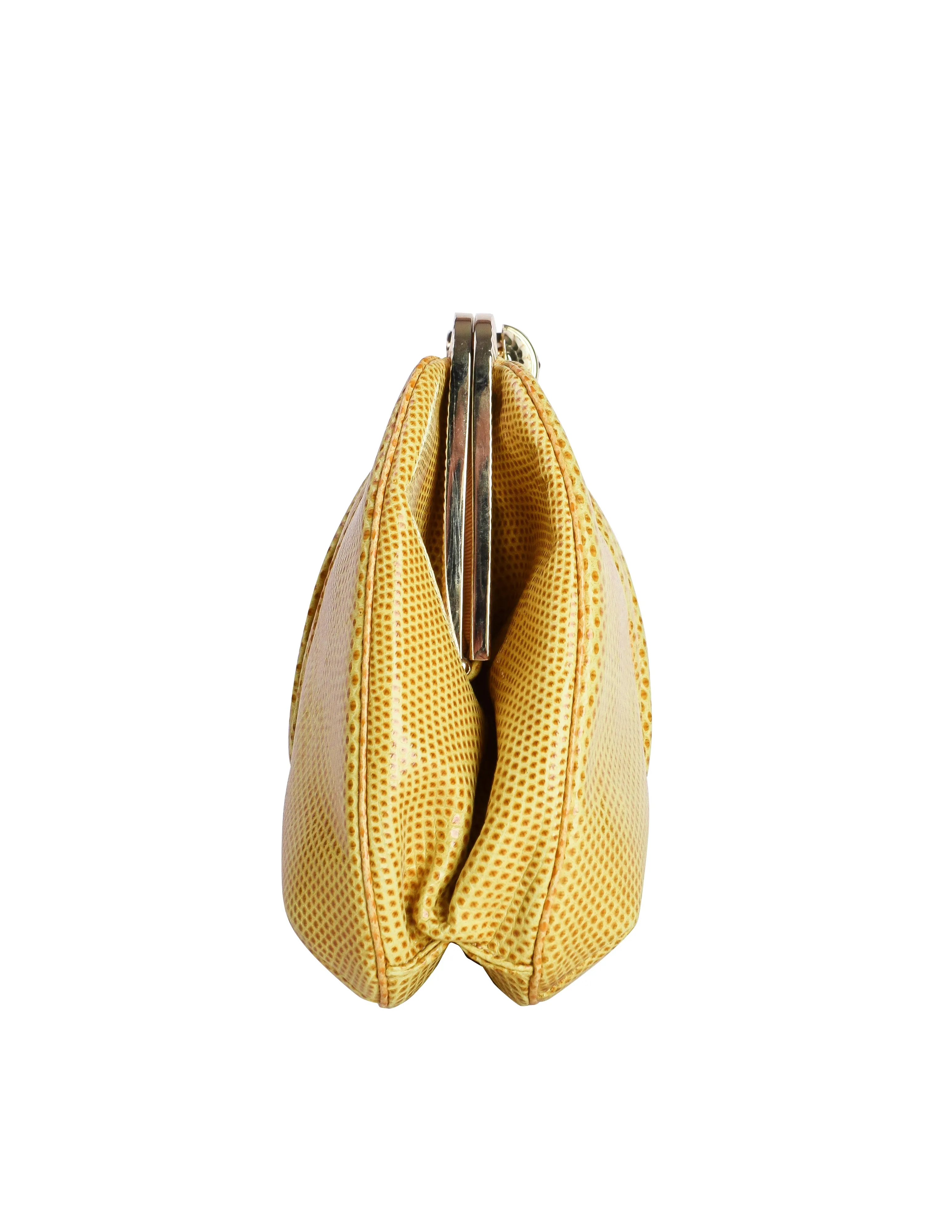 Judith Leiber Vintage Gathered Yellow Lizard Convertible Clutch Bag with Crossbody Chain Strap