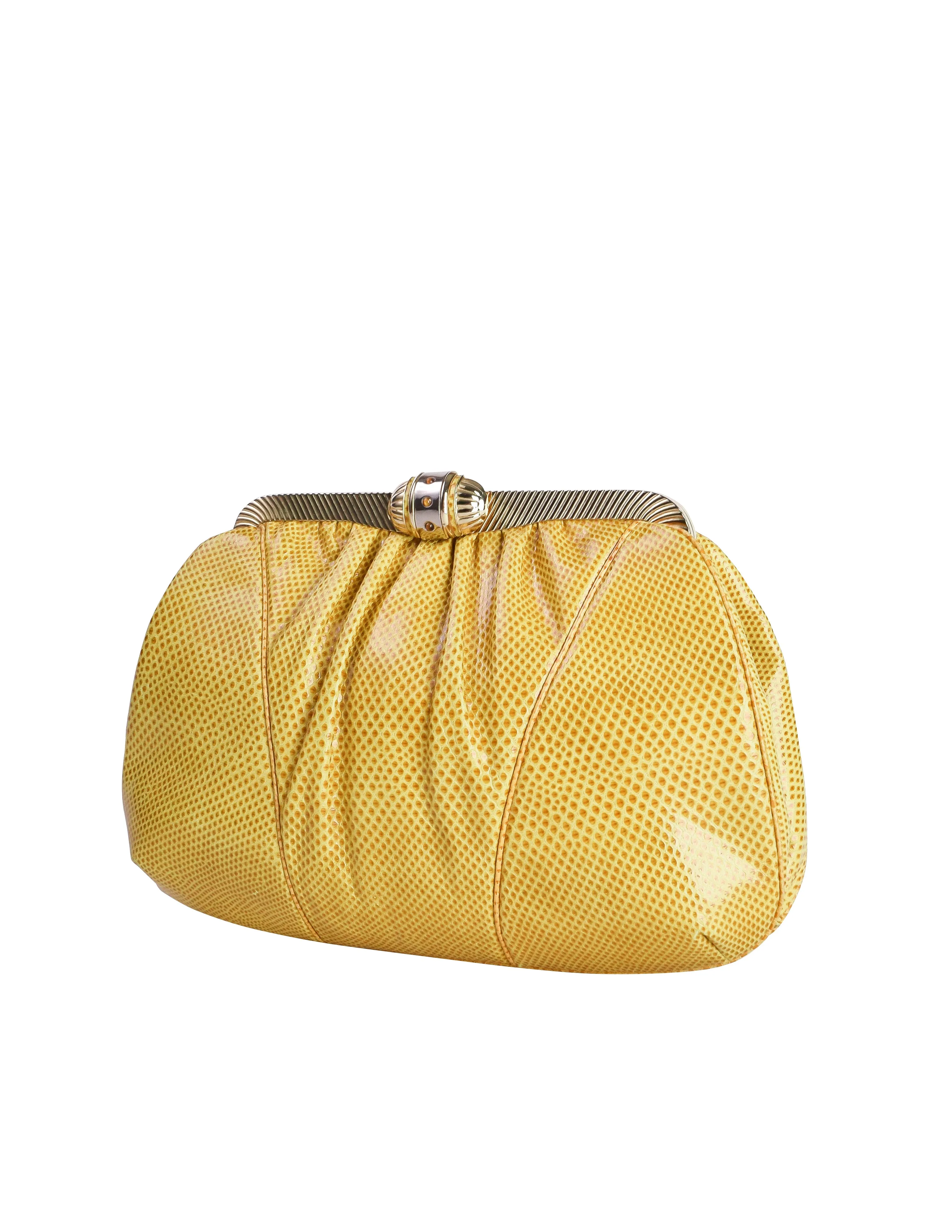 Judith Leiber Vintage Gathered Yellow Lizard Convertible Clutch Bag with Crossbody Chain Strap