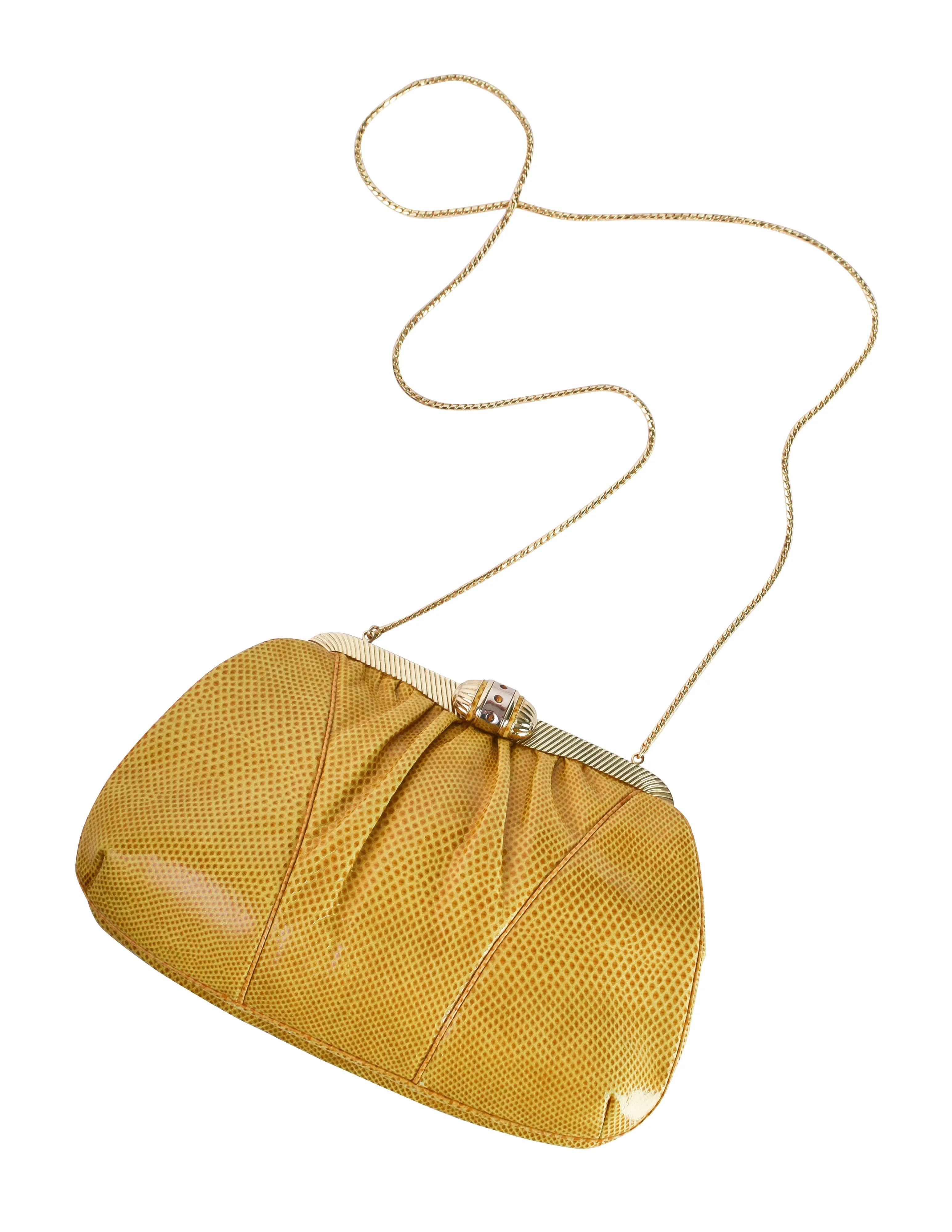 Judith Leiber Vintage Gathered Yellow Lizard Convertible Clutch Bag with Crossbody Chain Strap