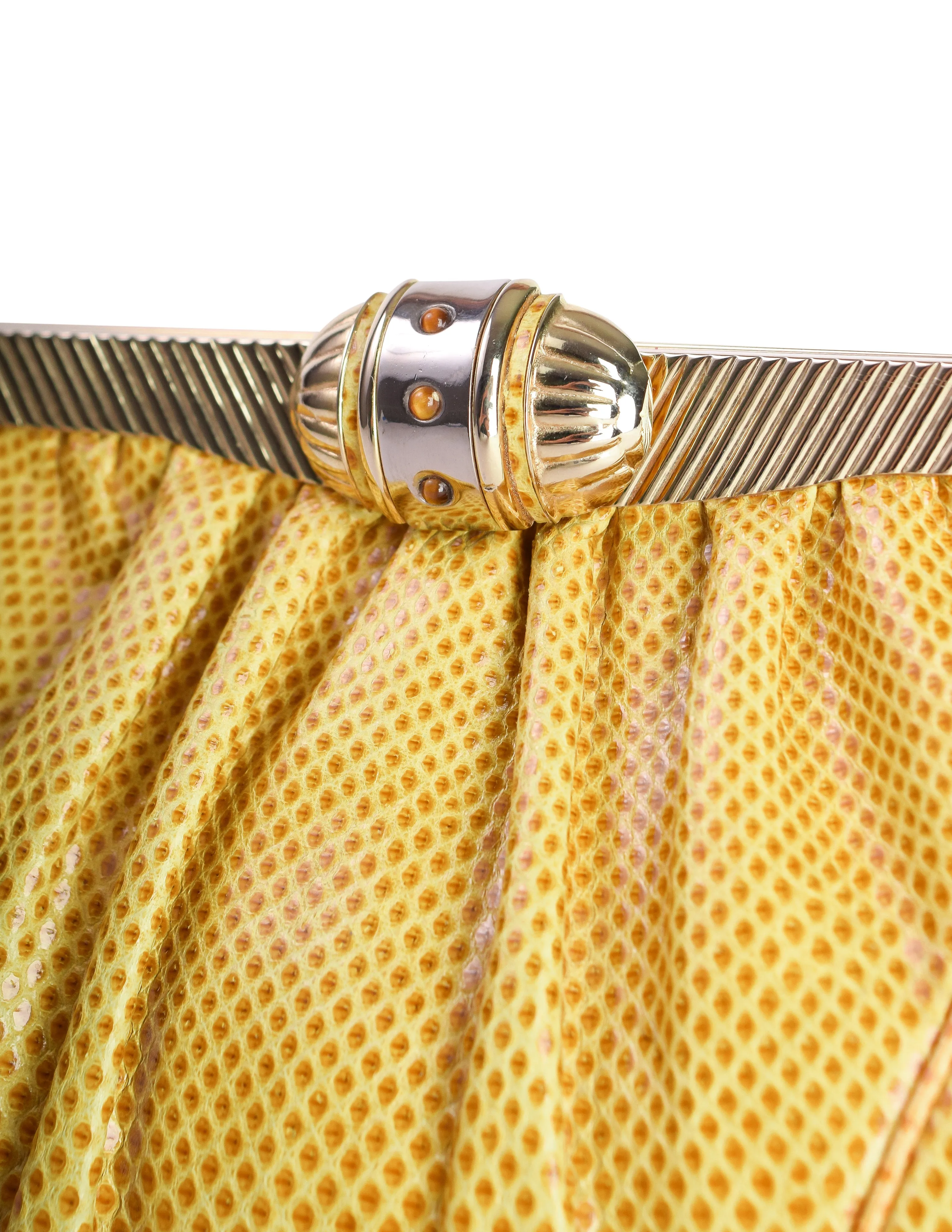 Judith Leiber Vintage Gathered Yellow Lizard Convertible Clutch Bag with Crossbody Chain Strap