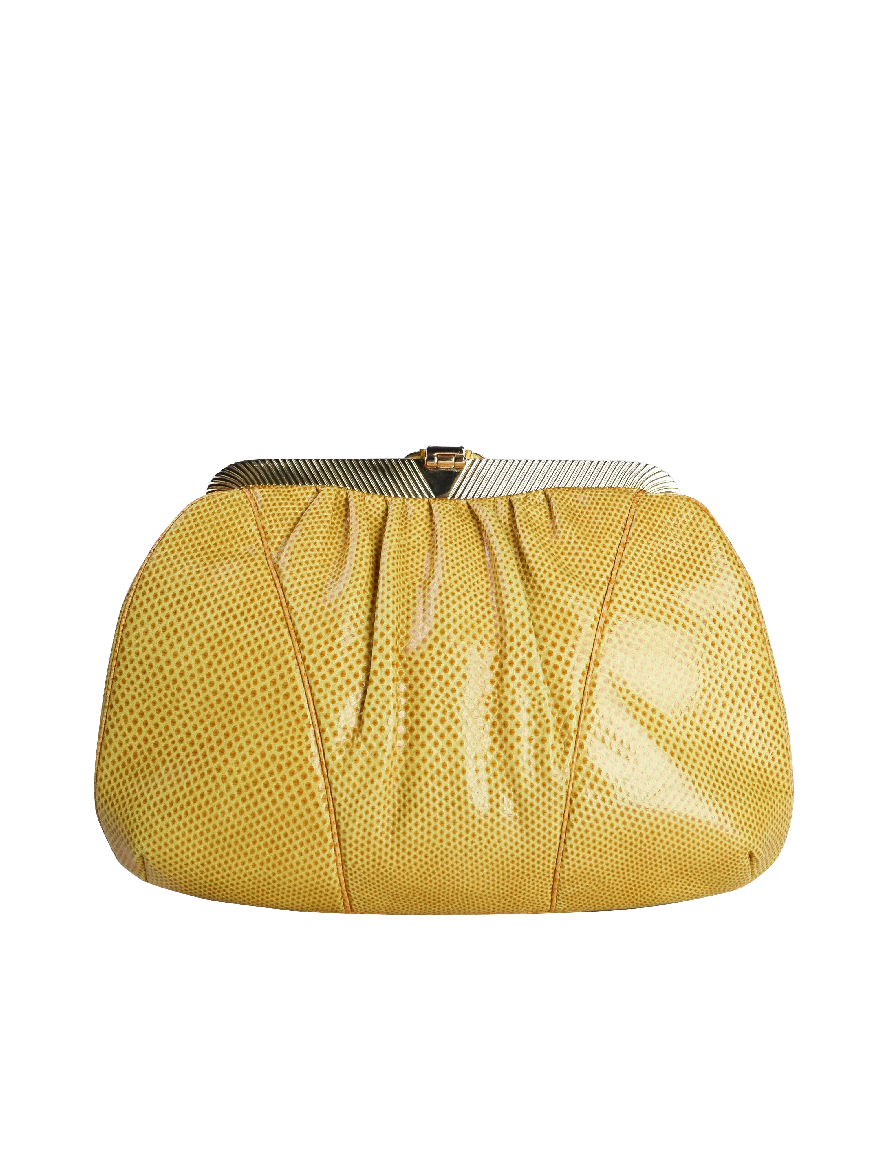 Judith Leiber Vintage Gathered Yellow Lizard Convertible Clutch Bag with Crossbody Chain Strap