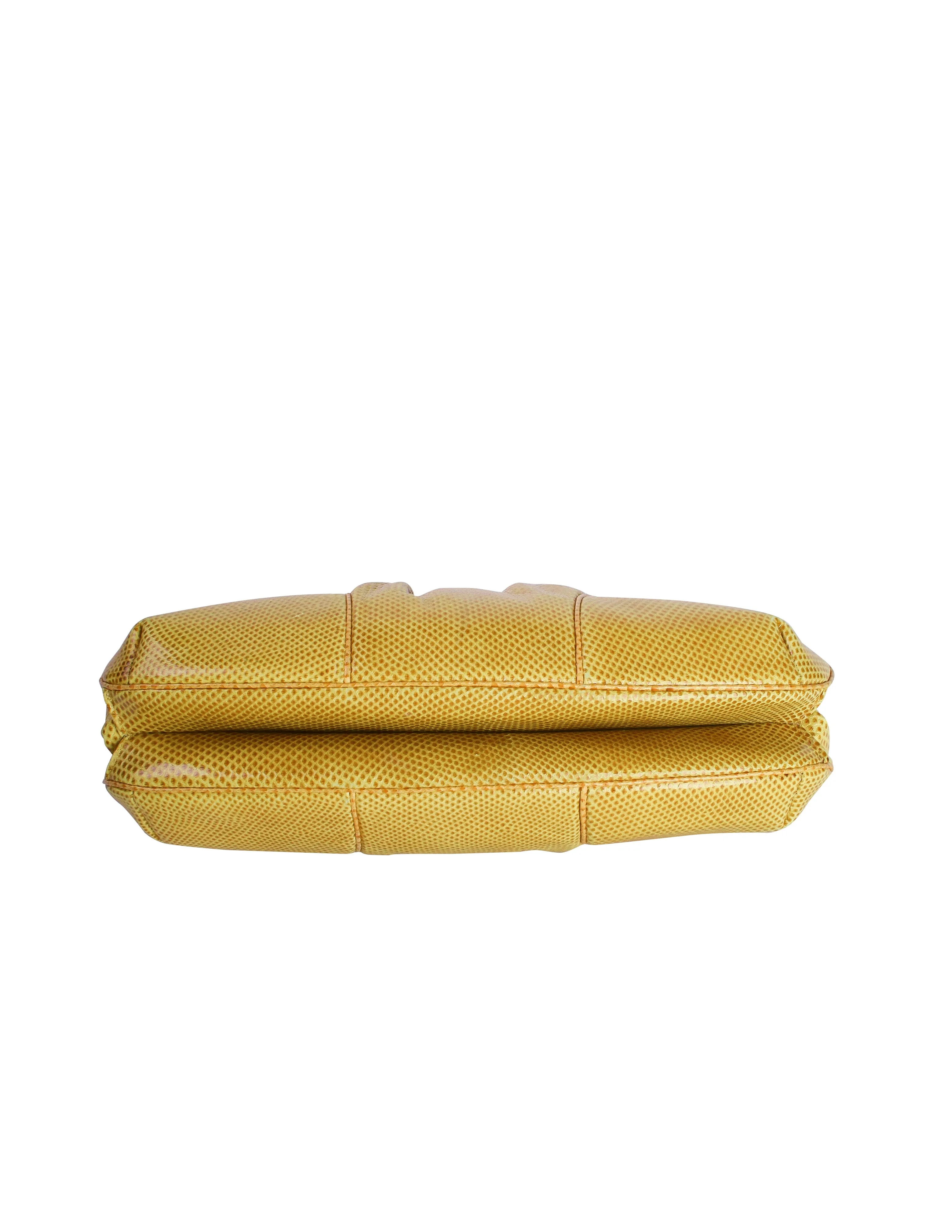 Judith Leiber Vintage Gathered Yellow Lizard Convertible Clutch Bag with Crossbody Chain Strap