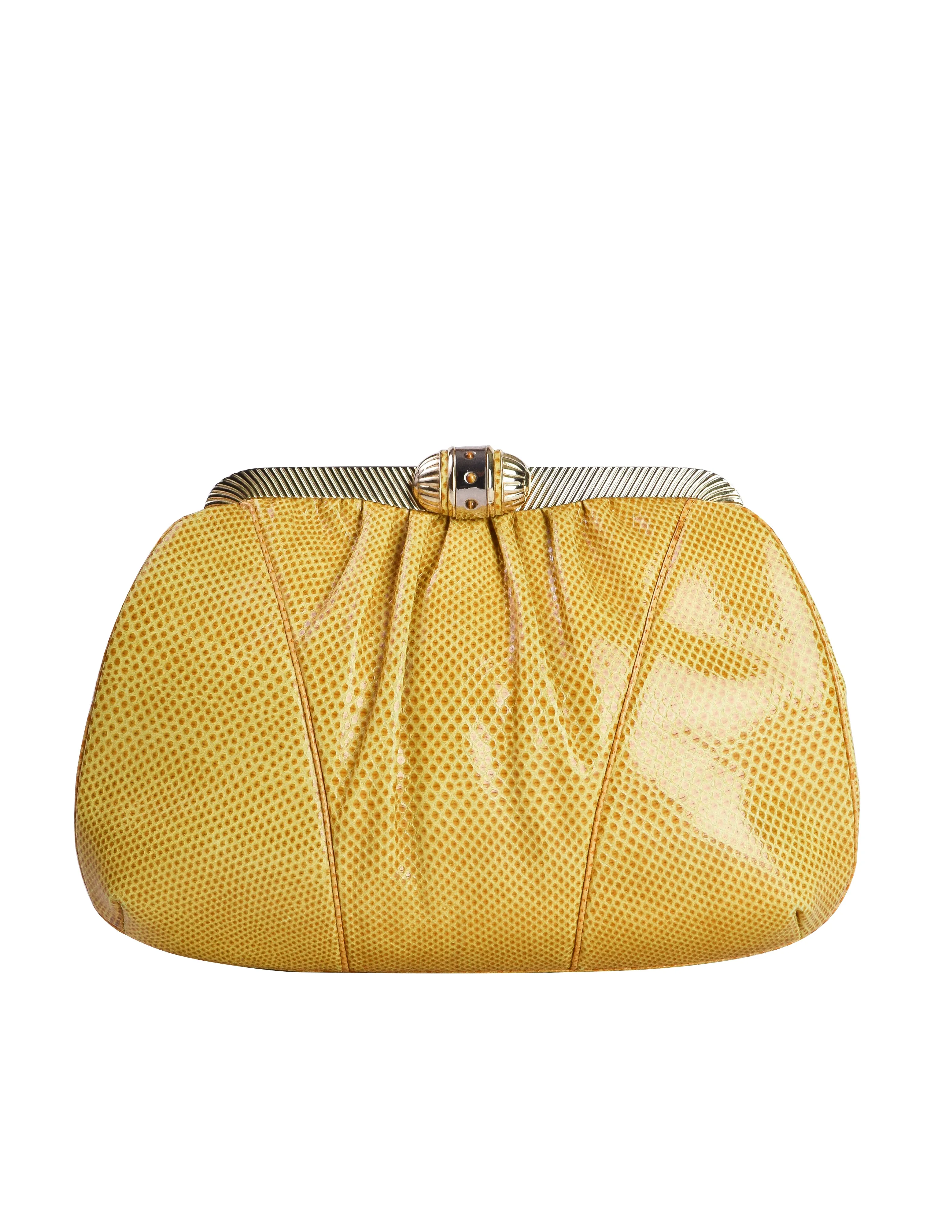 Judith Leiber Vintage Gathered Yellow Lizard Convertible Clutch Bag with Crossbody Chain Strap