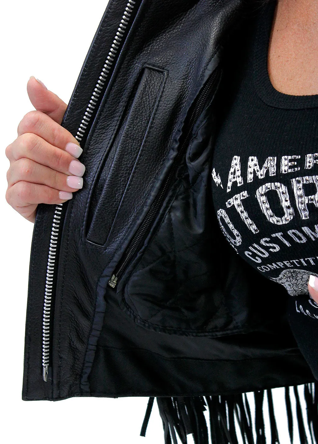 Ladies Cropped Leather Jacket w/Fringe #L205FB ()