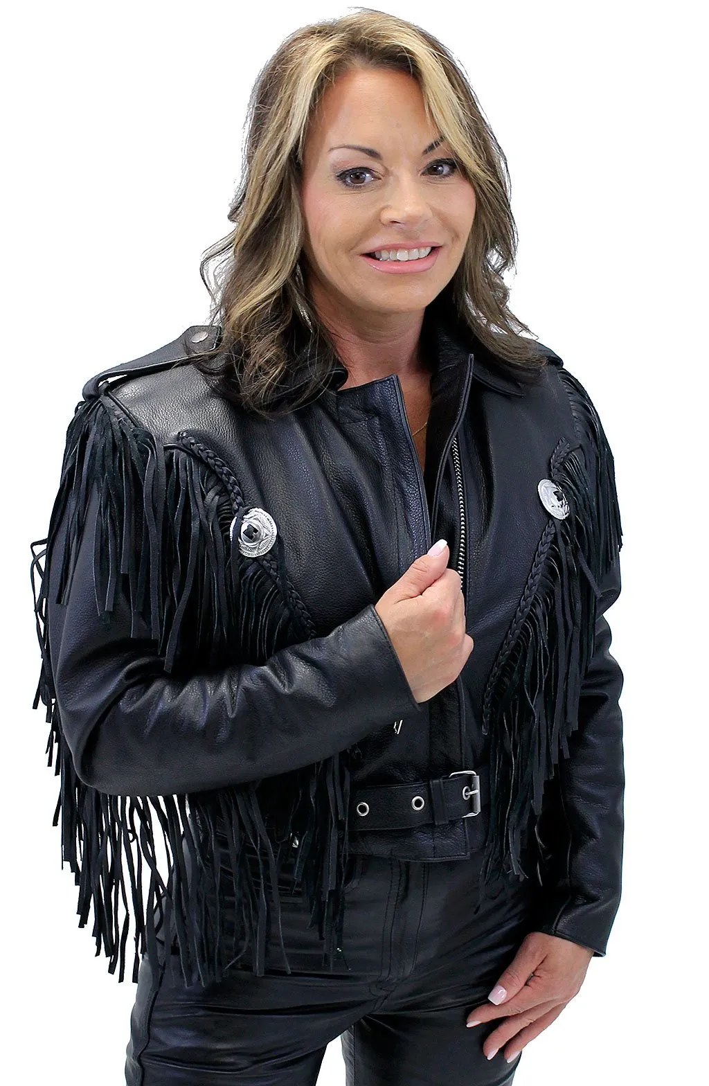 Ladies Cropped Leather Jacket w/Fringe #L205FB ()