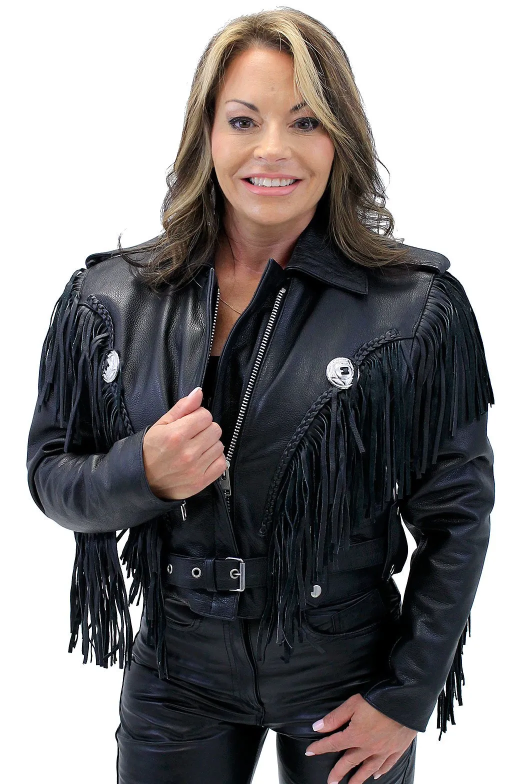 Ladies Cropped Leather Jacket w/Fringe #L205FB ()