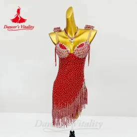 Latin Dance Clothing Luxury Rhinestone Tassel  Dress Customized Adult Children Latin Dance Professional Performance Costumes