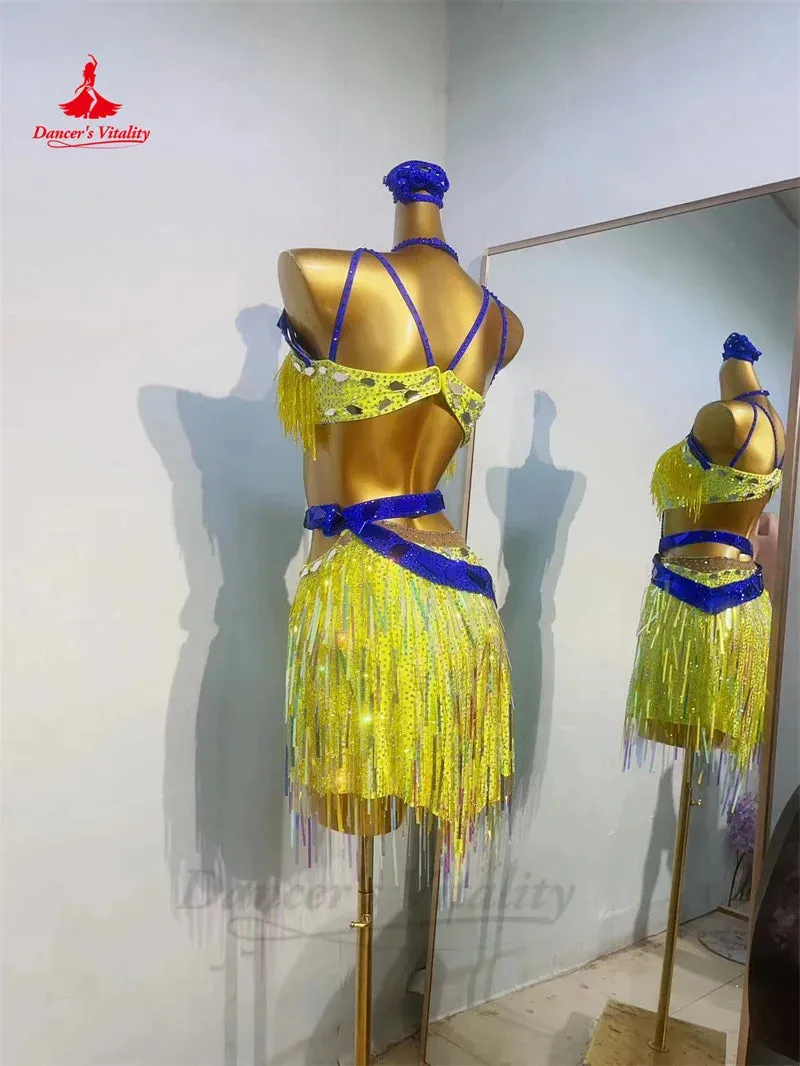 Latin Dance Fringe Dress for Women Custom AB Stones Sequins Rumba Chacha Tango Performance Profession Skirt Latin Tassel Dresses