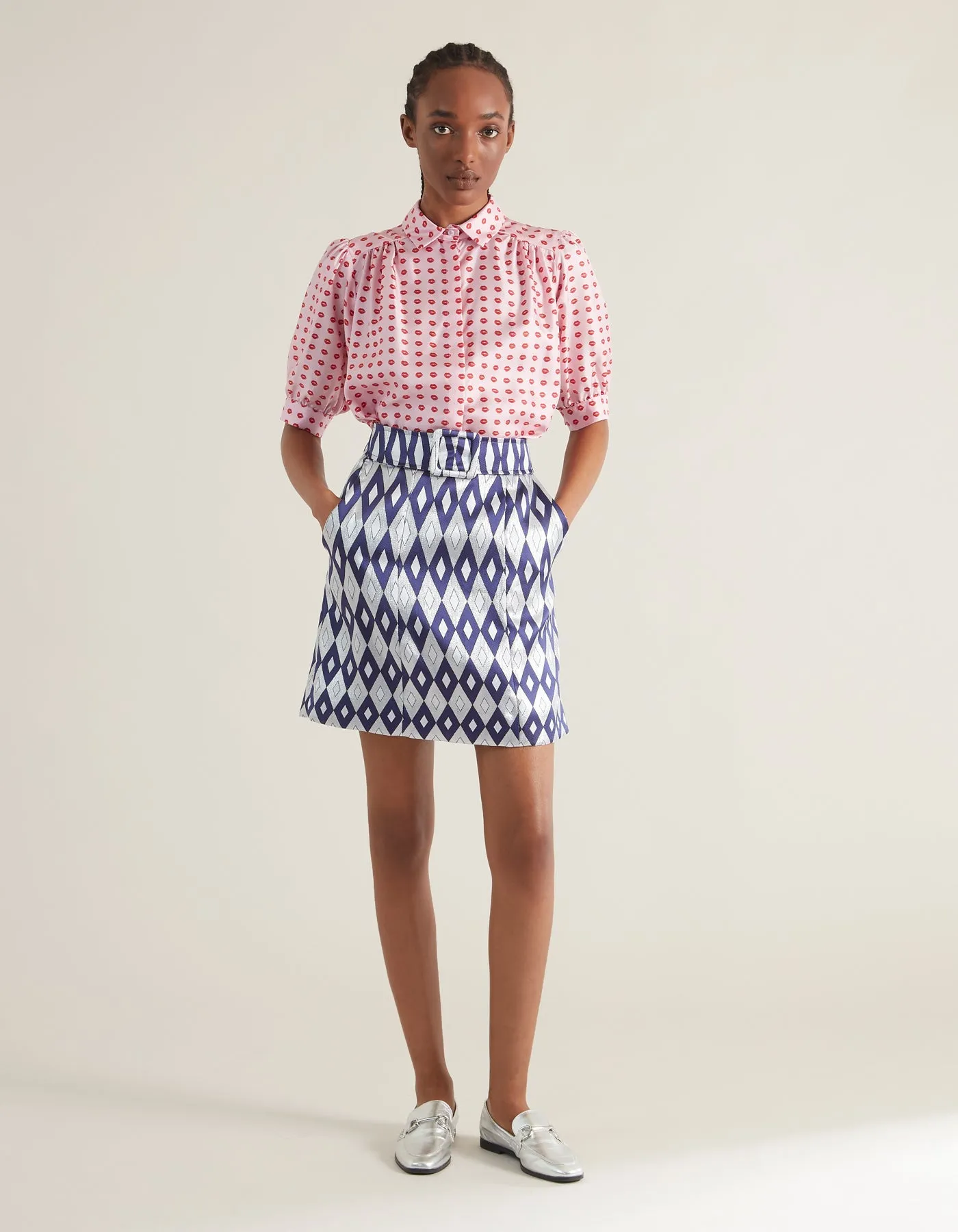 Leonie Blue Mirror Print Silk Jacquard Mini Skirt