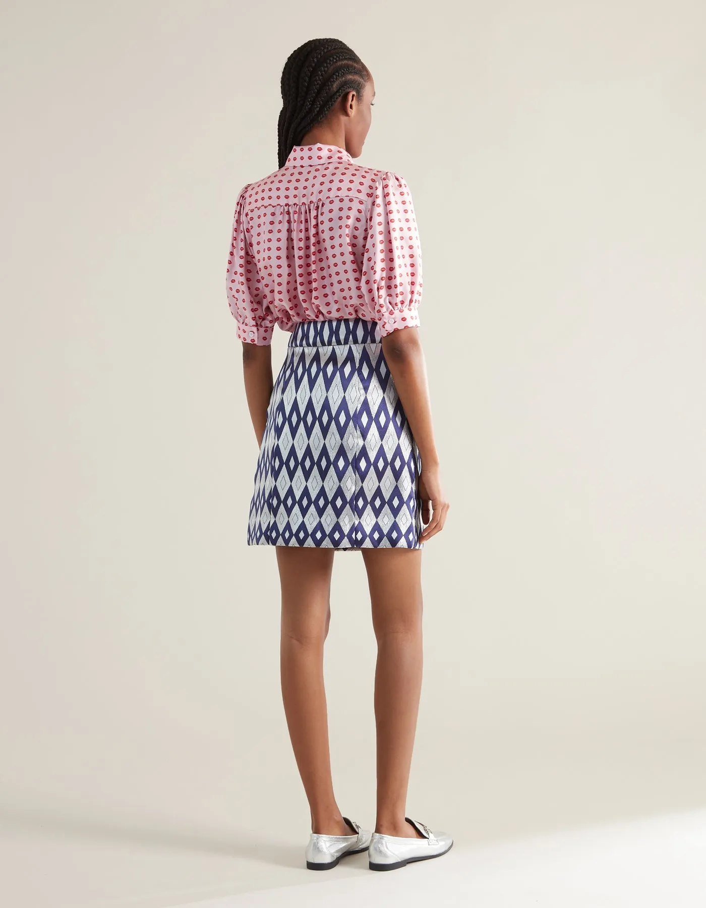 Leonie Blue Mirror Print Silk Jacquard Mini Skirt