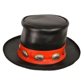 Men Black Leather Mad Hatter Top Hat with Red Stripe and Conchos