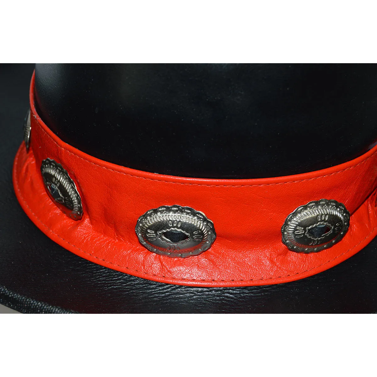 Men Black Leather Mad Hatter Top Hat with Red Stripe and Conchos