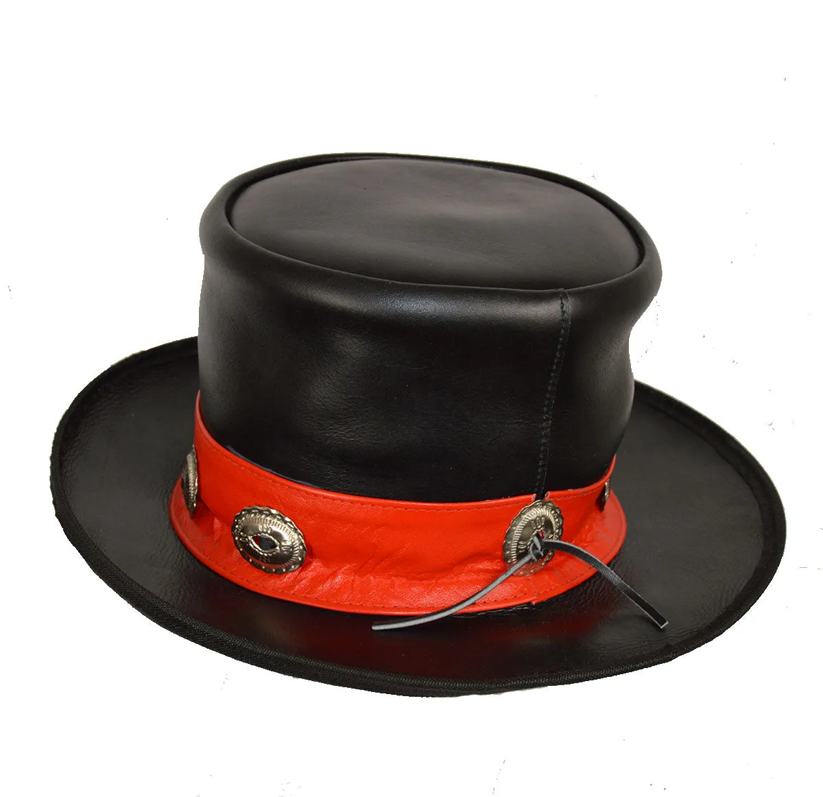 Men Black Leather Mad Hatter Top Hat with Red Stripe and Conchos