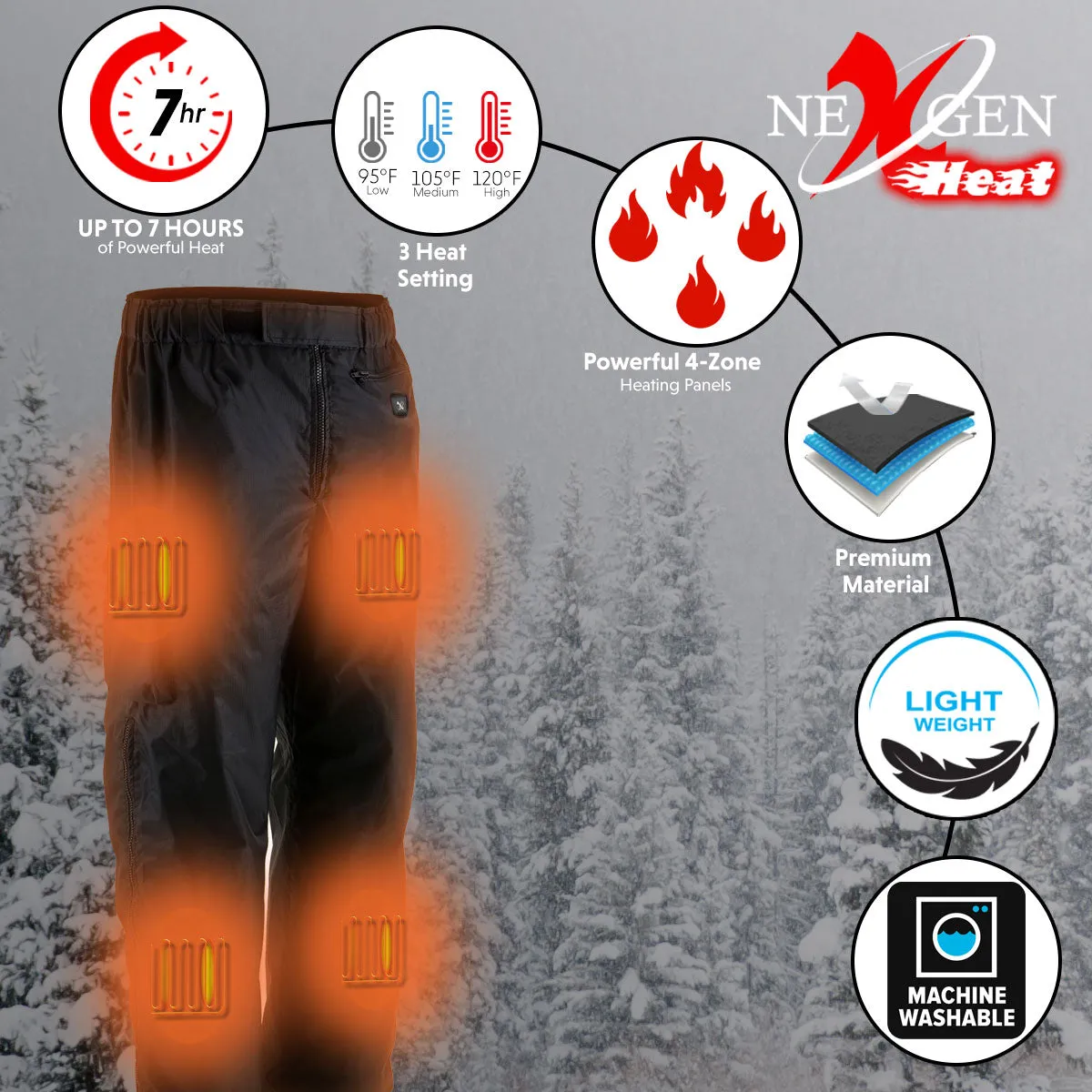 NexGen Heat MPM5720DUAL Men Black Winter Thermal Heated Pants for Ski and Riding w/Harness Wire and Battery Pack