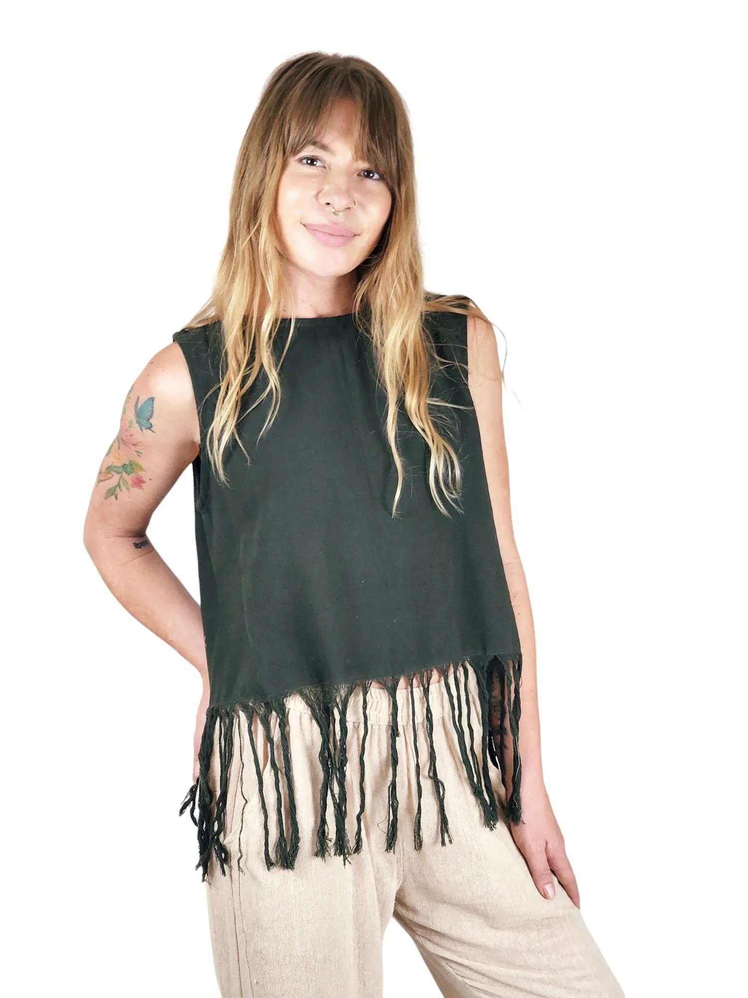 Organic Cotton Sleeveless Fringe Tops (Multiple Colors)