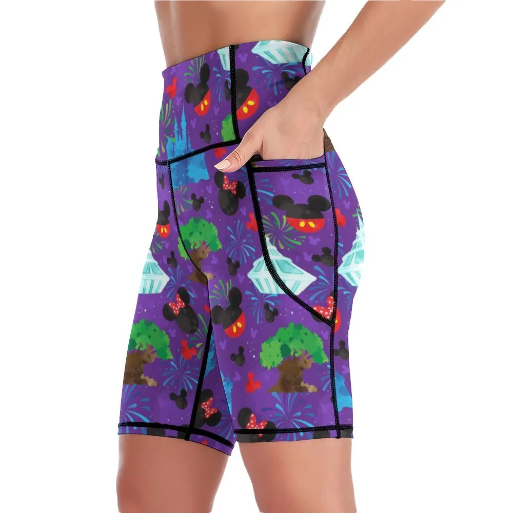 Park Hopper Fireworks Women's Knee Length Athletic Yoga Shorts With Pockets