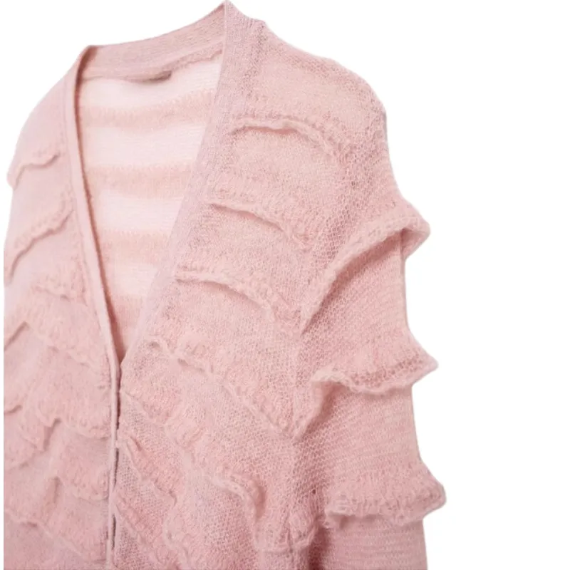 Pre Order: V-Neck Layered Ruffle Knitted Cardigan