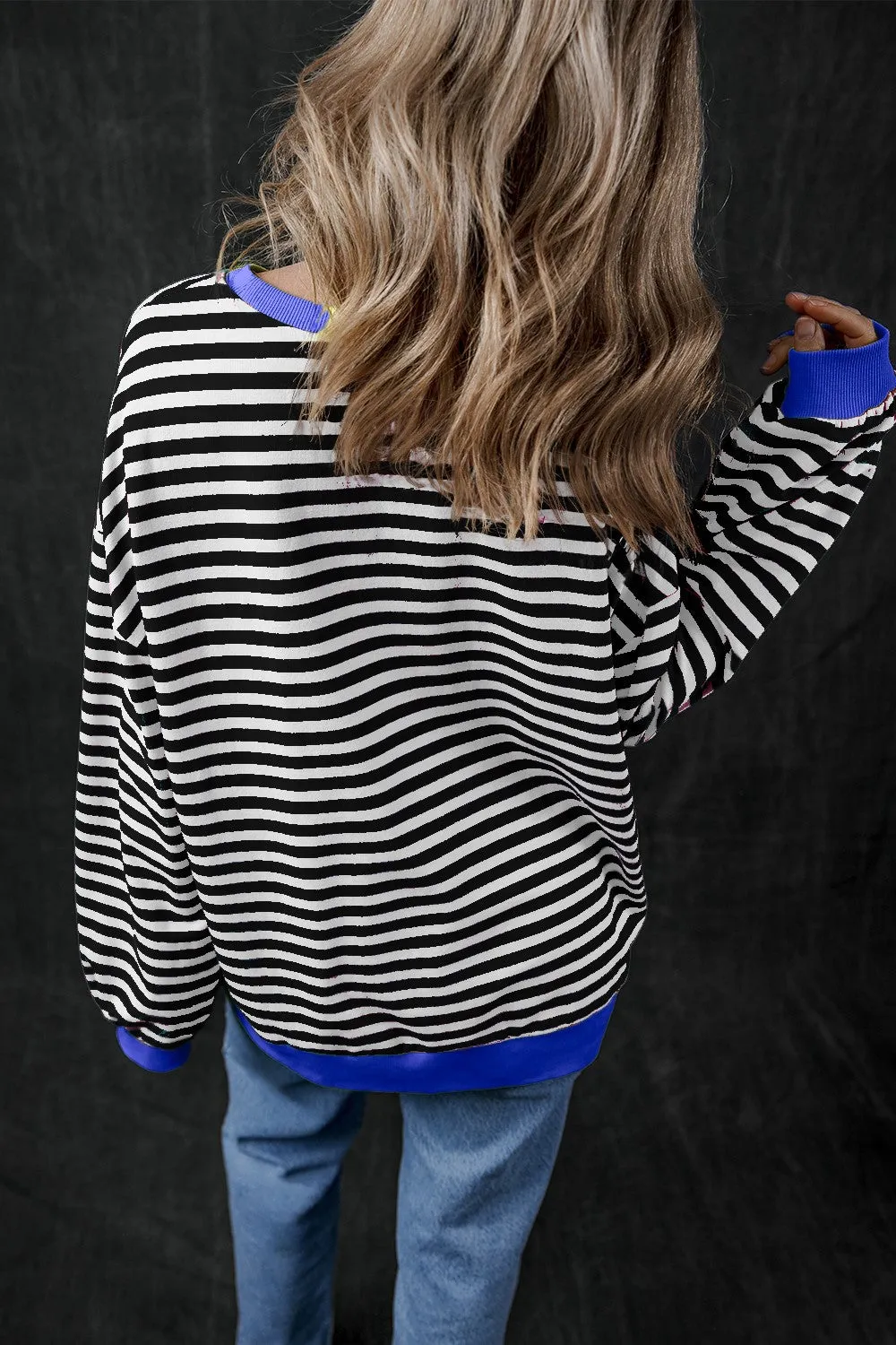 Pumpkin Striped Round Neck Long Sleeve Sweatshirt