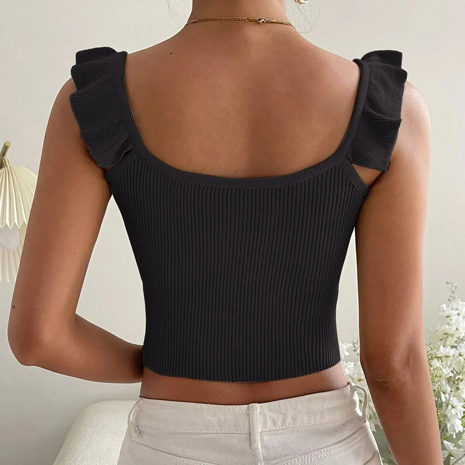 Ruffles Square Sleeveless Solid Backless Knitted Women's Crop Cami Top