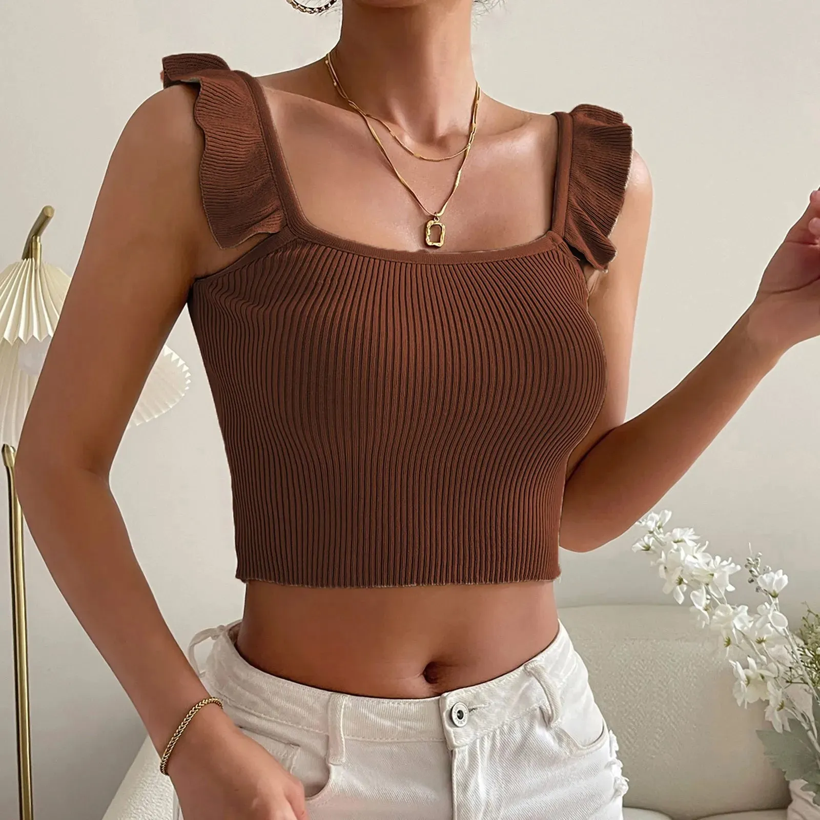 Ruffles Square Sleeveless Solid Backless Knitted Women's Crop Cami Top