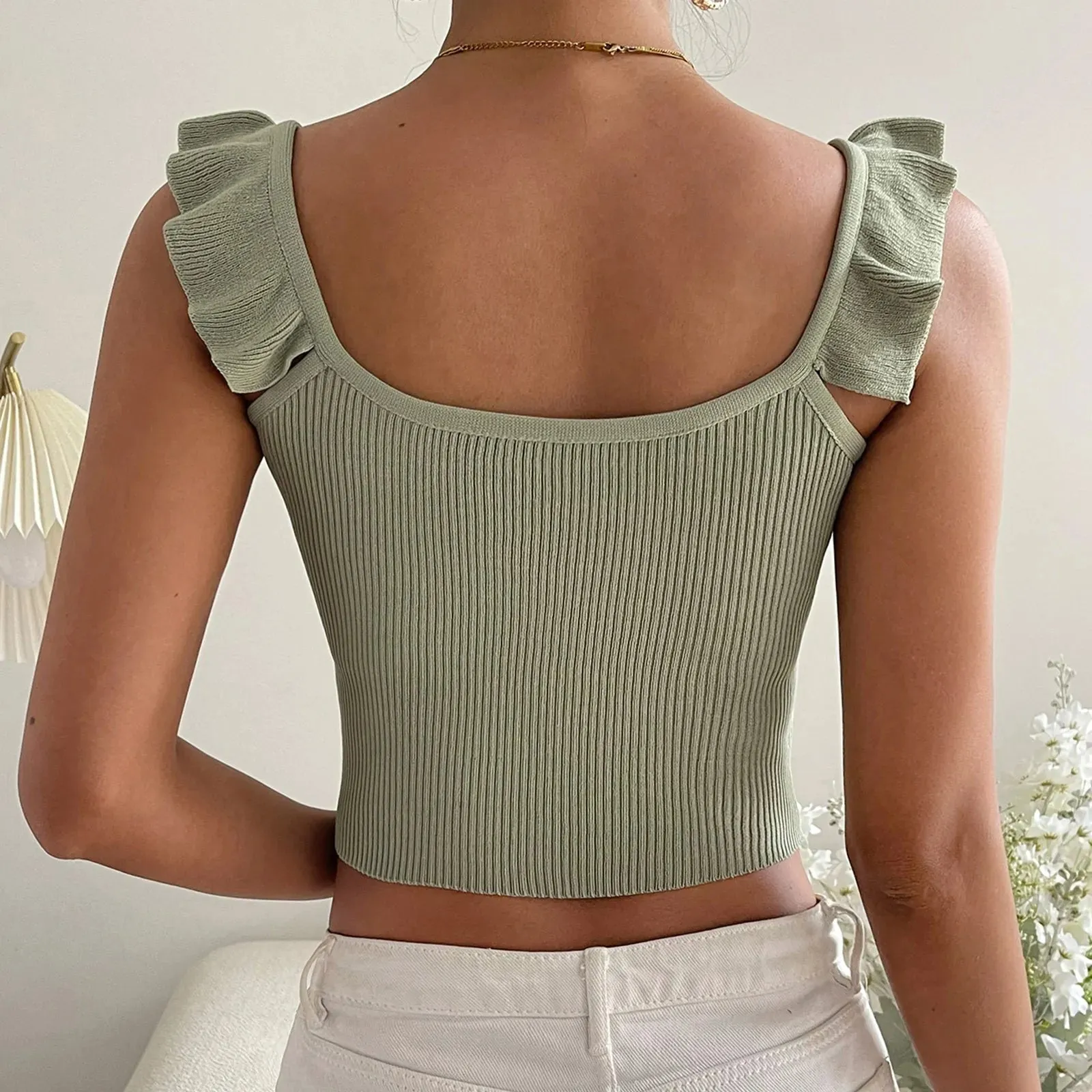 Ruffles Square Sleeveless Solid Backless Knitted Women's Crop Cami Top