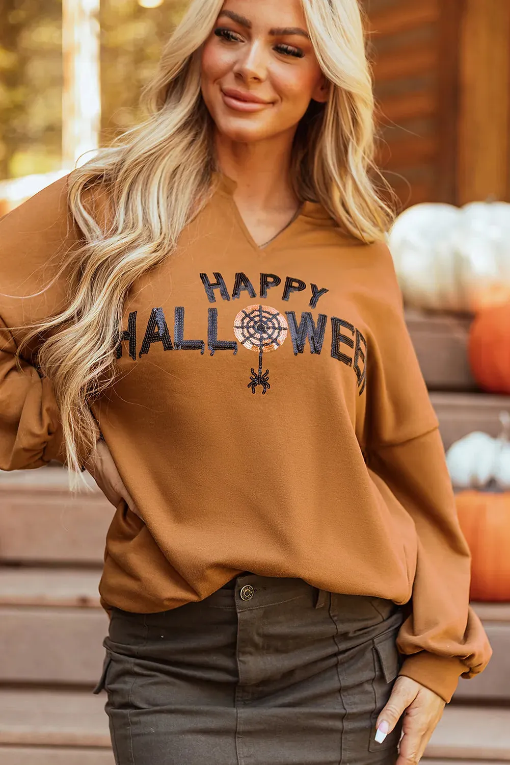 Sequin Letter Graphic Notched Long Sleeve Sweatshirt