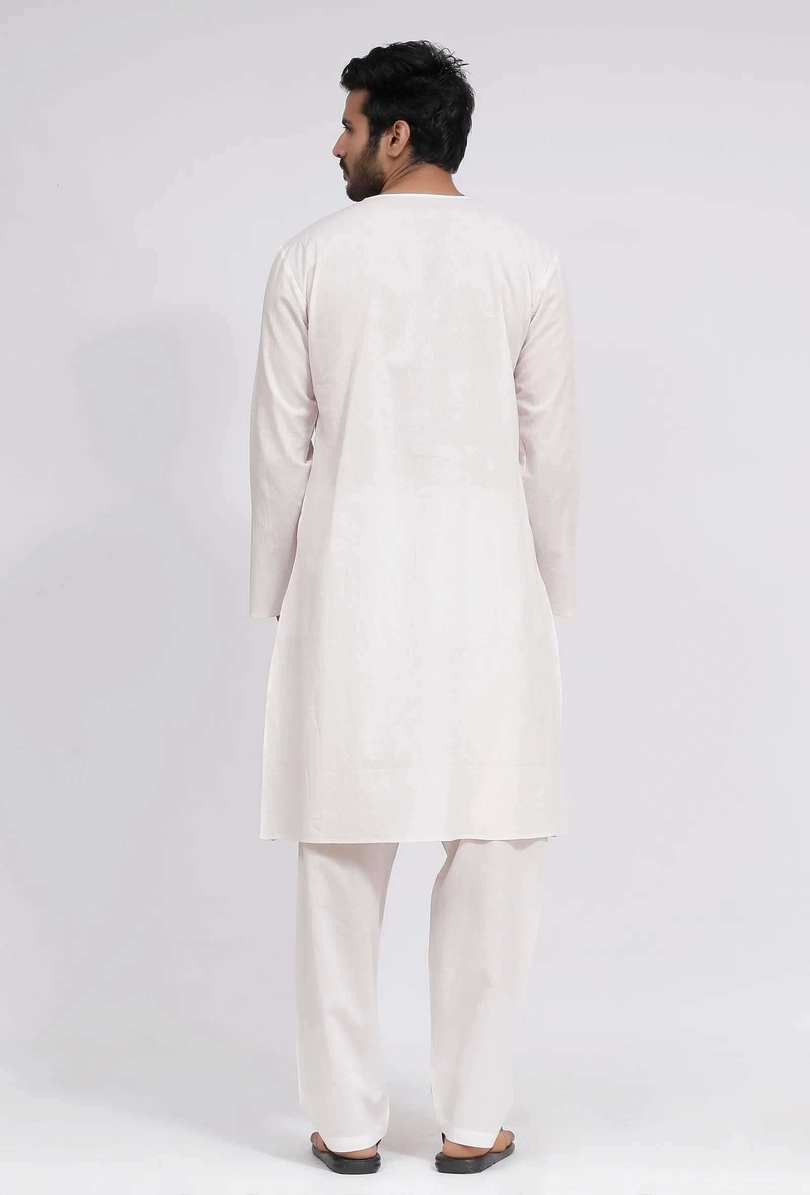 Set of 2: White Plain Cotton Button Down Kurta and Pajama