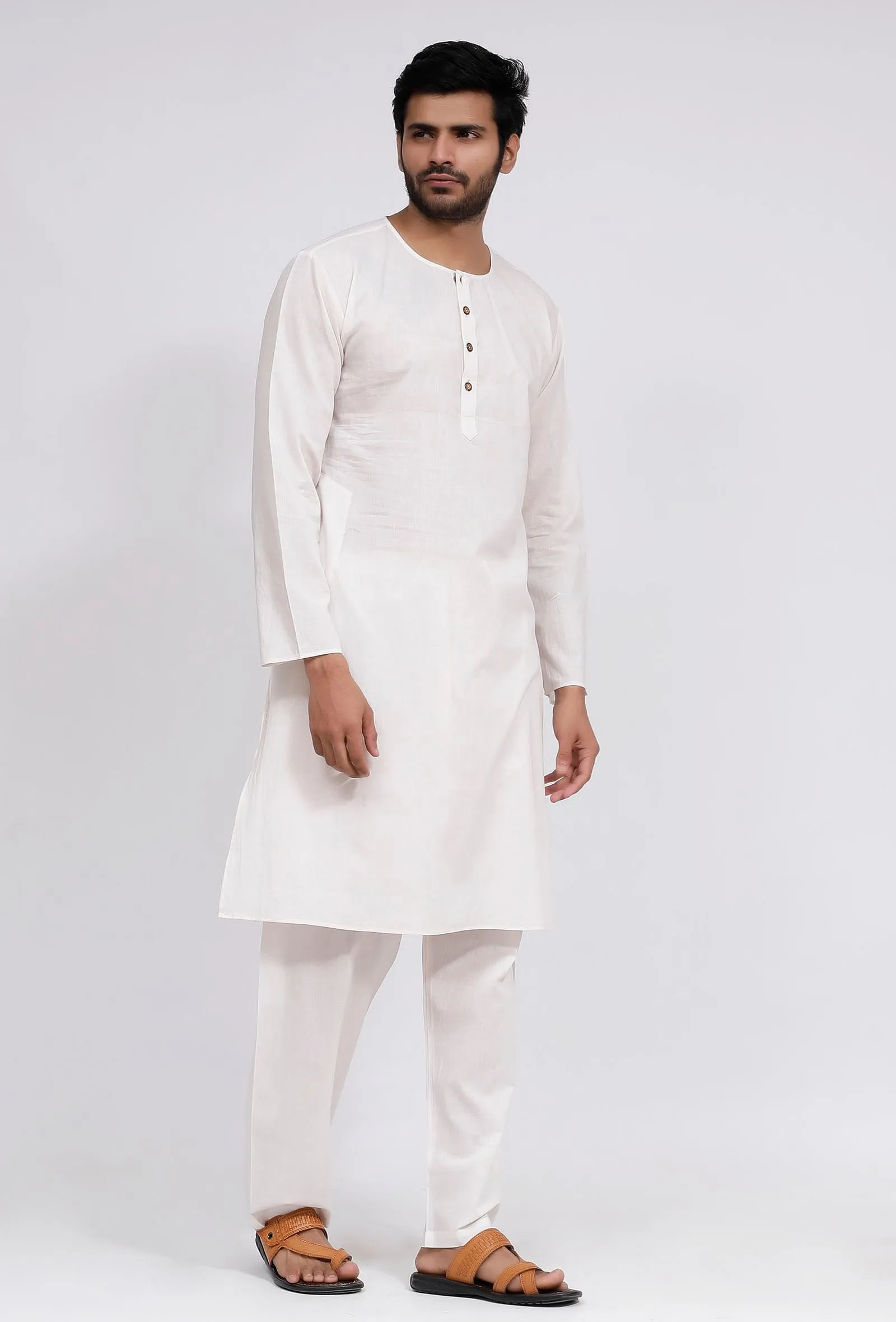 Set of 2: White Plain Cotton Button Down Kurta and Pajama