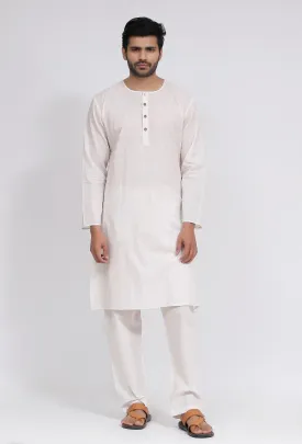 Set of 2: White Plain Cotton Button Down Kurta and Pajama