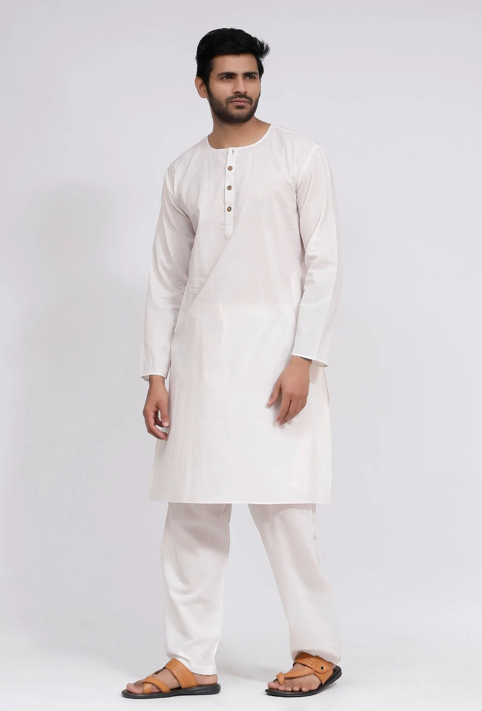 Set of 2: White Plain Cotton Button Down Kurta and Pajama