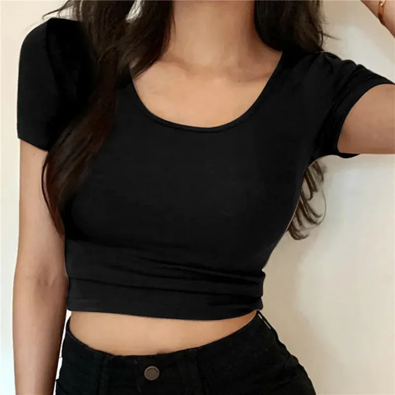 Skinny V-neck Solid Crop Top Short Sleeve Tee