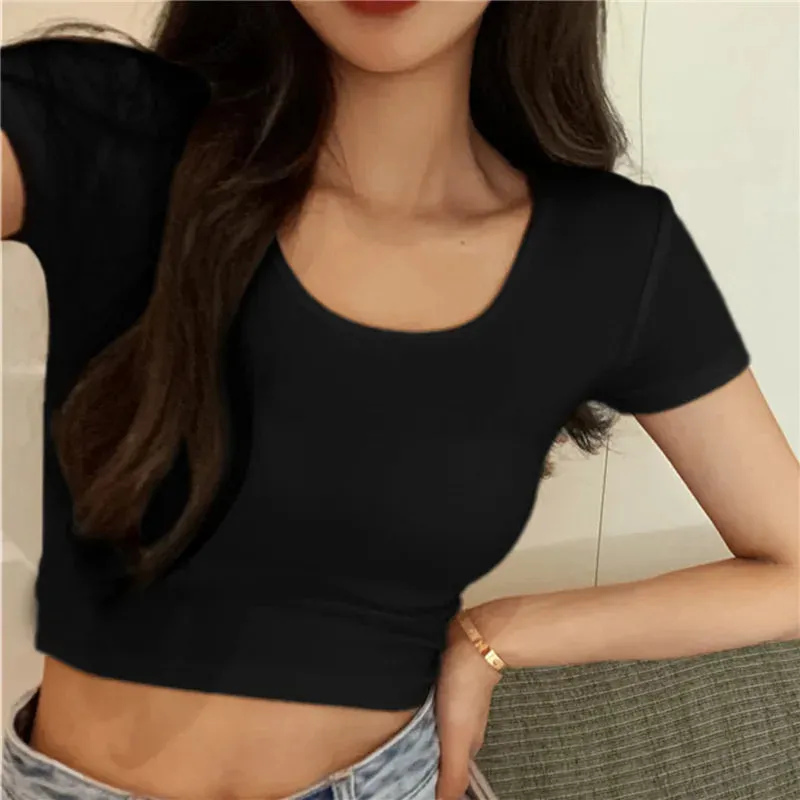 Skinny V-neck Solid Crop Top Short Sleeve Tee