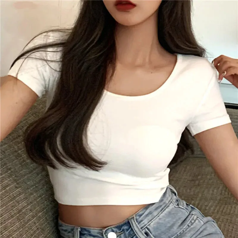 Skinny V-neck Solid Crop Top Short Sleeve Tee