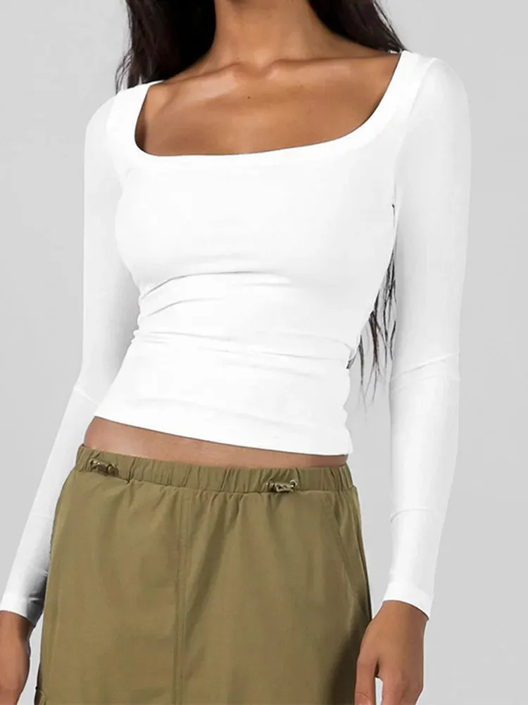 Square Neck Solid Color Crop Top - Long Sleeve Street Casual