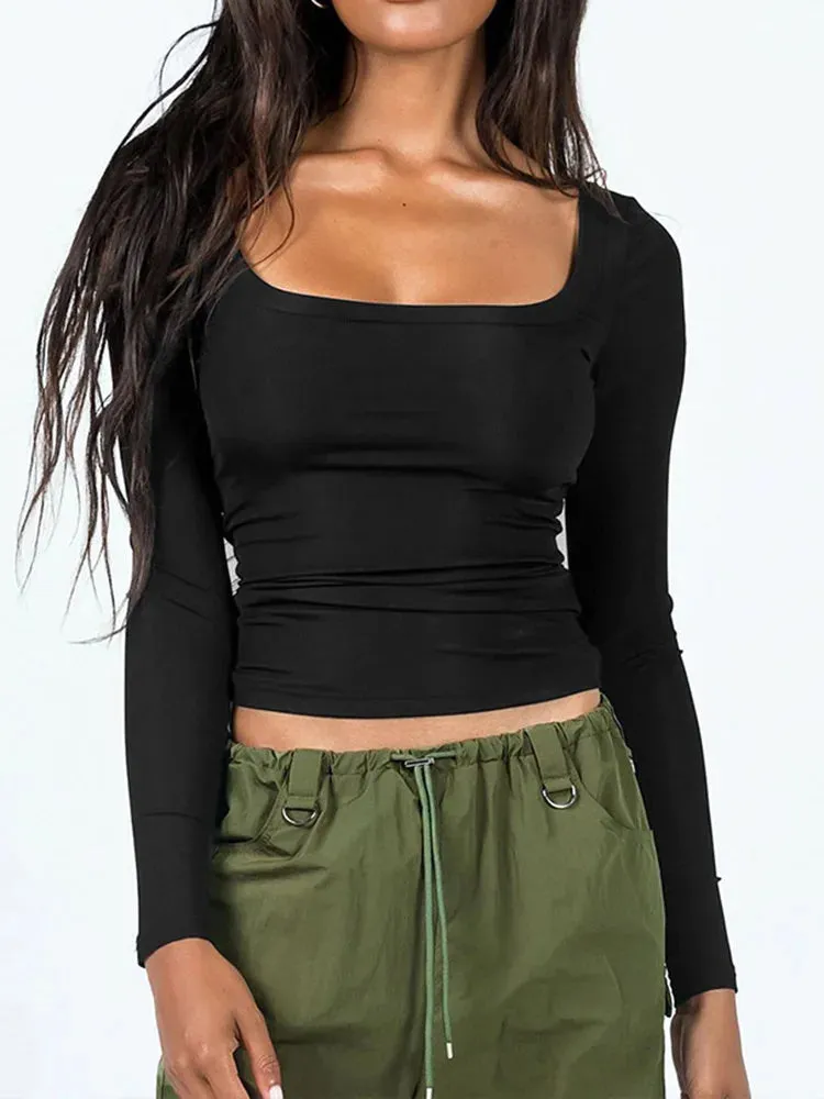 Square Neck Solid Color Crop Top - Long Sleeve Street Casual