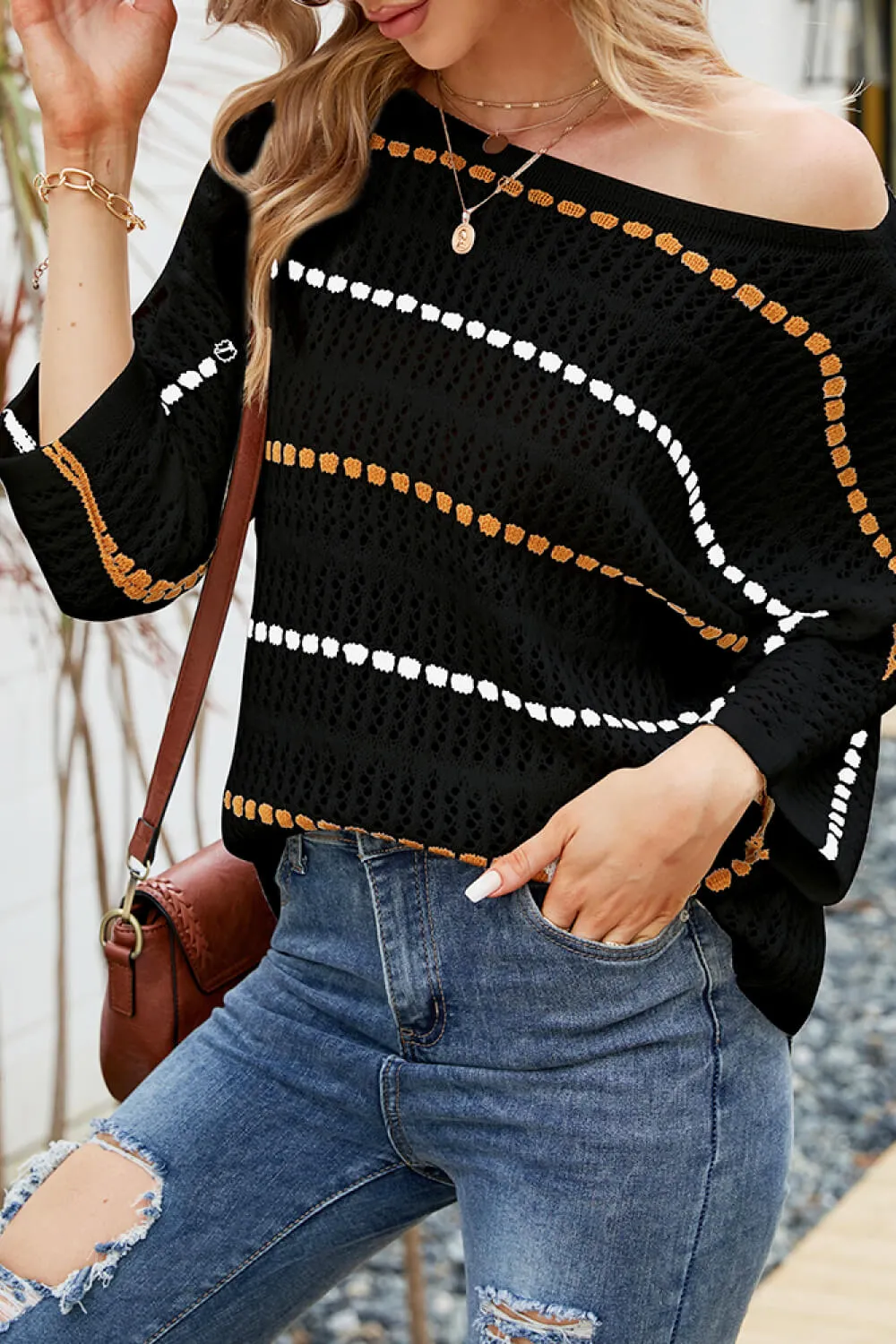 Striped Openwork Three-Quarter Sleeve Knit Top